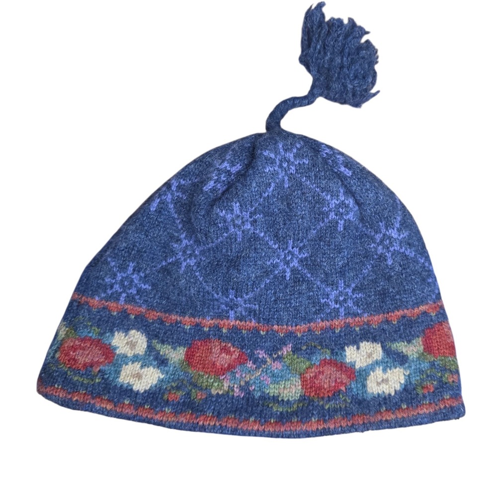 Vintage Icelandic 100% Wool Beanie Nordic Floral Fair Isle Pom Pom Blue Hat